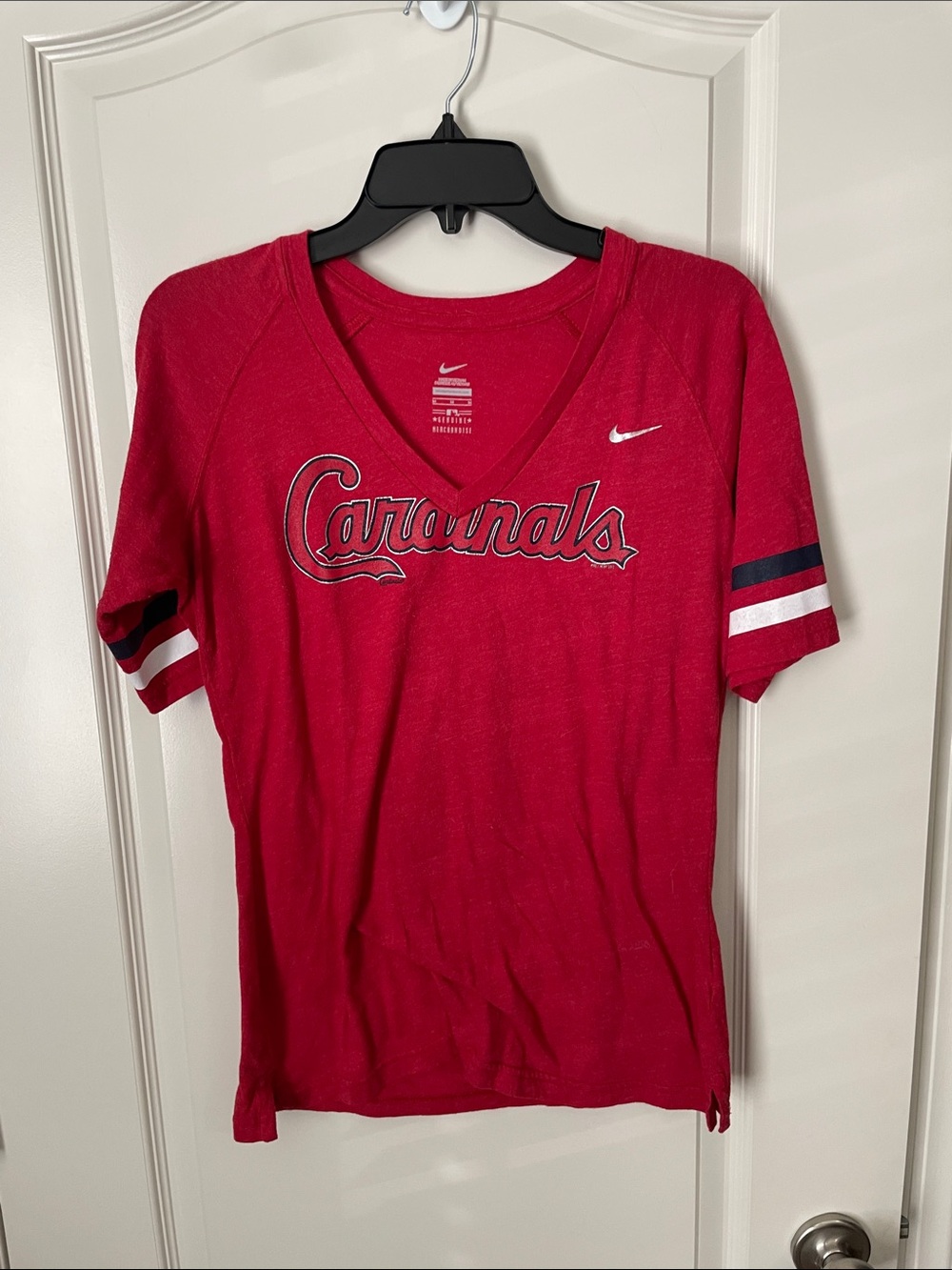 Nike Red Cardinals V-Neck Tee with Navy & White Sleeve Stripes
